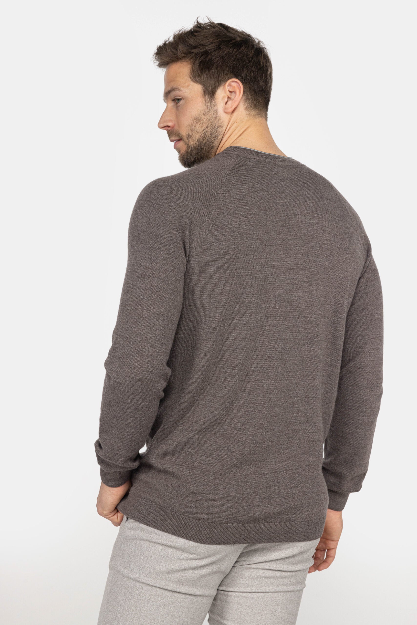 Heren trui van merinowol met ronde hals - Taupe