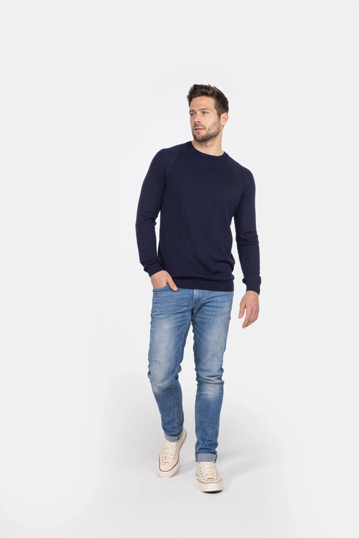 Heren trui van merinowol met ronde hals - Navy - Meedin