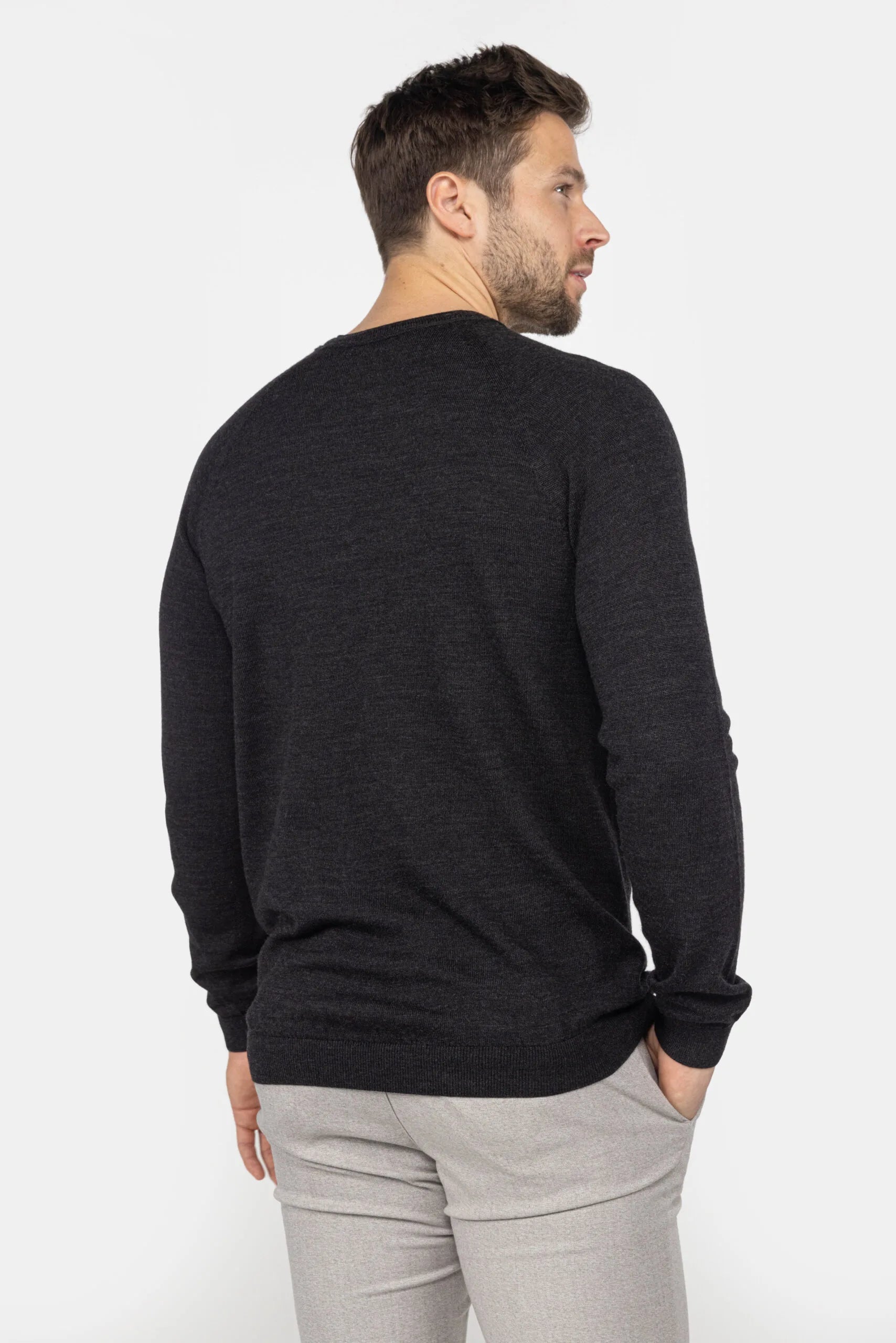 Heren trui van merinowol met ronde hals - Zwart Melee