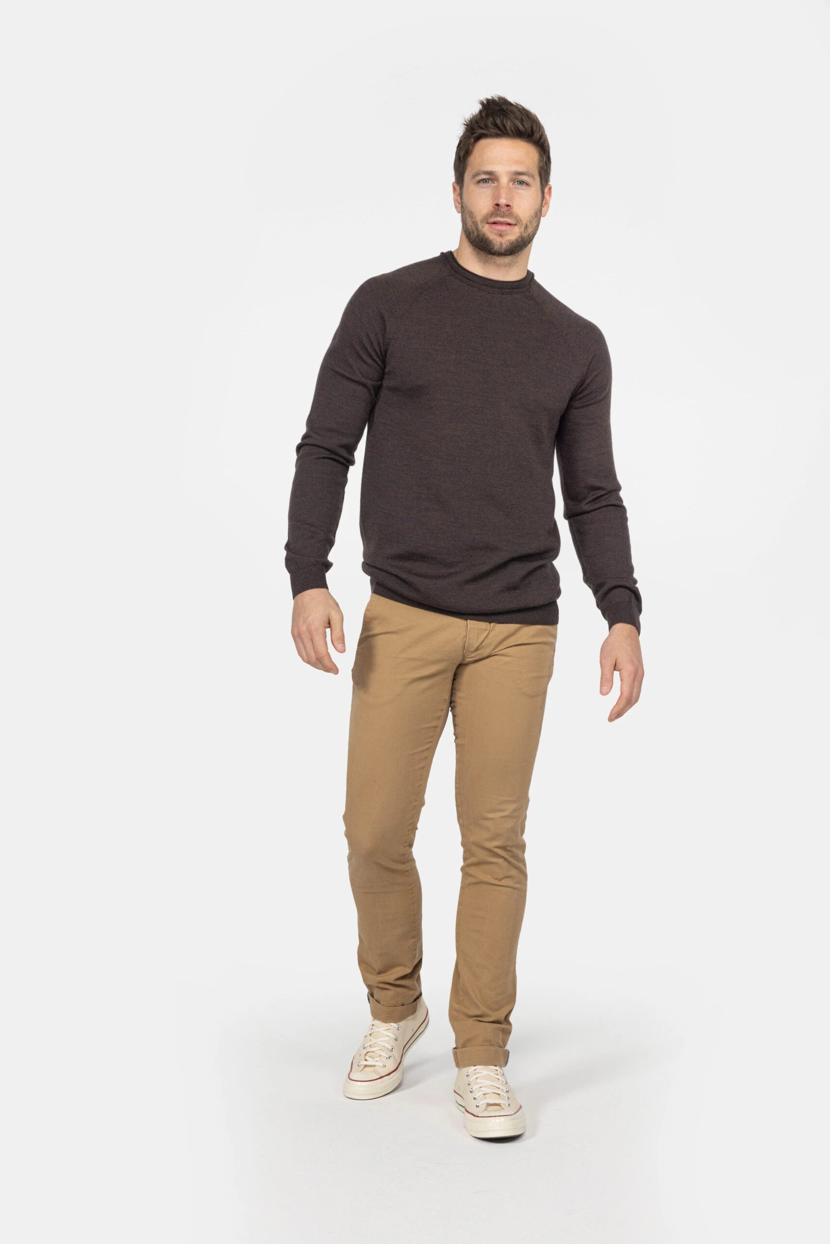 Heren trui van merinowol met ronde hals - Donkerbruin