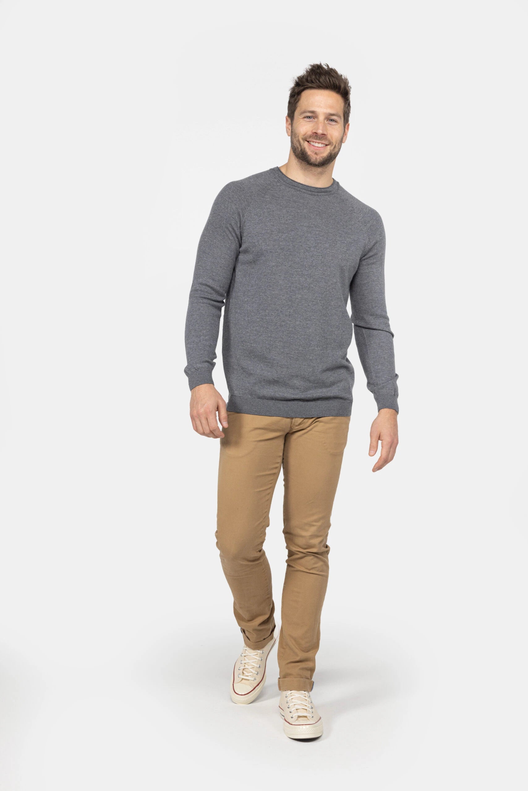 Heren trui van merinowol met ronde hals - Grijs Mêlee